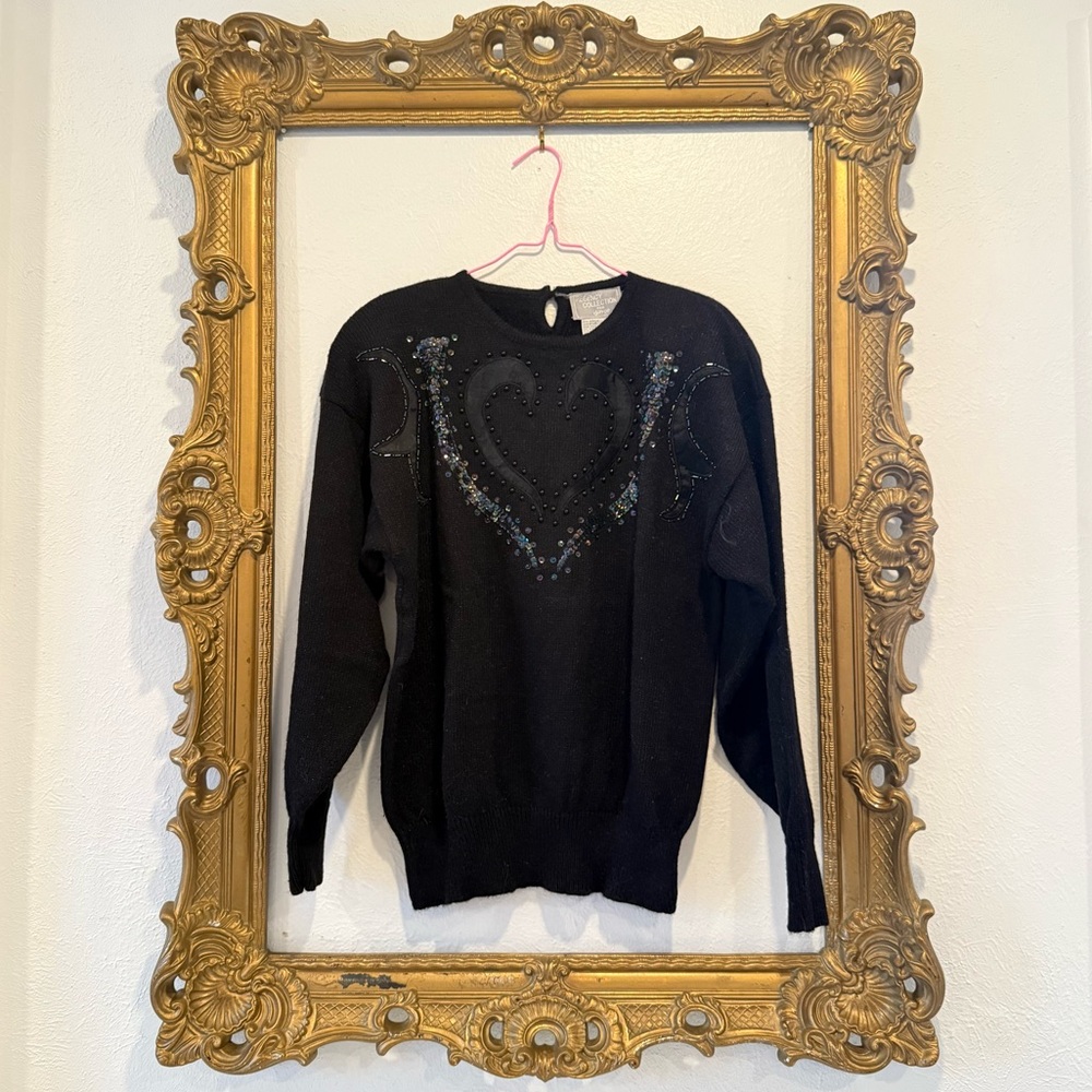 Vintage 80s black sequin sweater bat wings and heart motif shoulder pads size xl